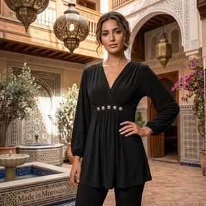 Michael Kors Black V-Neck Empire Waist Blouse with Metallic Accents